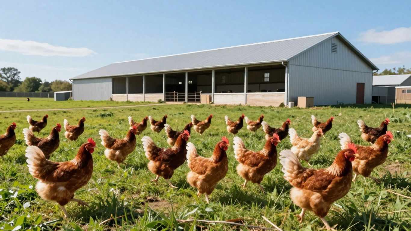 Zdjęcie hodowli drobiu z kurami na trawie.