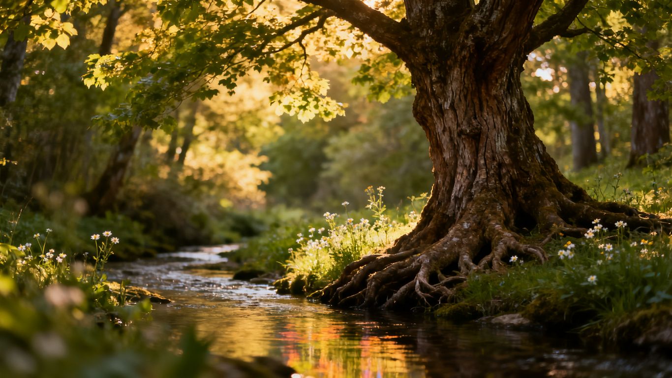 Sunlight through forest canopy onto ancient tree and wildflowers.