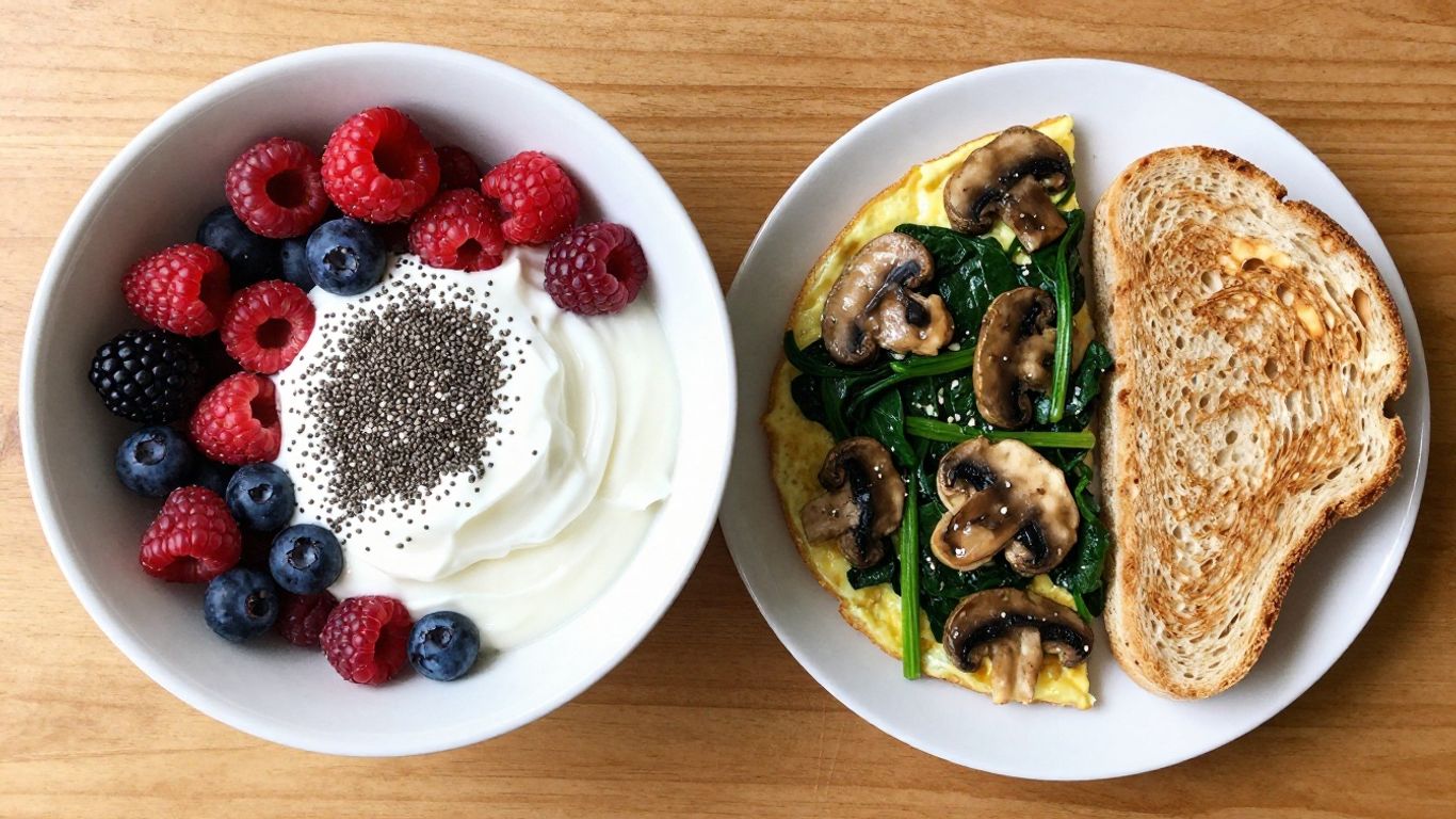 PCOS-friendly breakfast bowl and omelet with fresh ingredients.