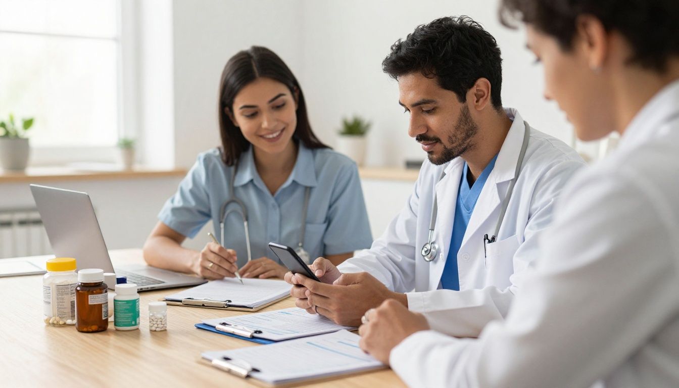 Bright modern health-tech scene with a diverse adult reviewing organized lab results and treatment tracking on a smartphone beside supplements, a fitness journal, and recovery notes; clean contemporary setting, realistic photography, natural light, no logos or text