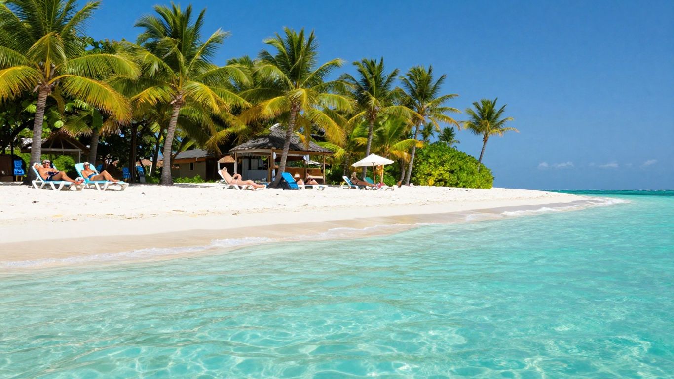 Affordable beach vacation package with palm trees and clear water.