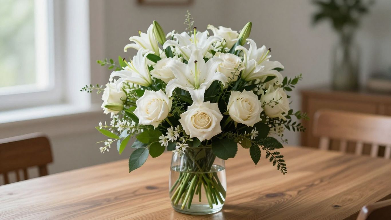 White sympathy flowers arrangement in a glass vase