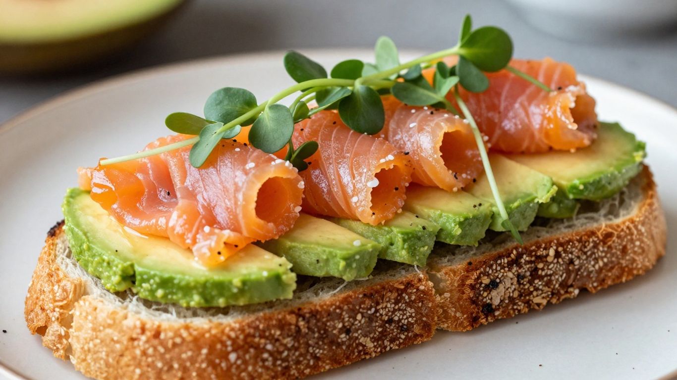 Hearty open-faced sandwich with avocado and salmon on toast.