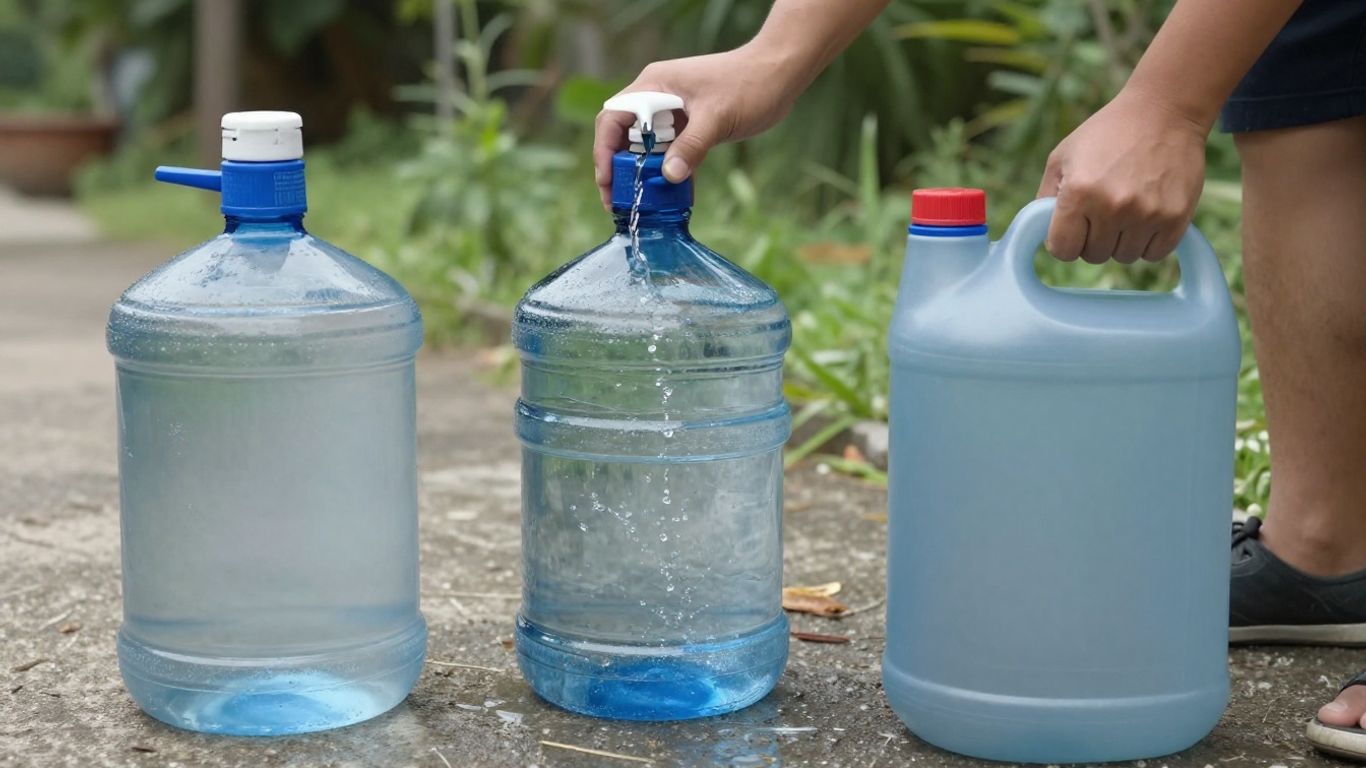 Person collecting water from a faucet into jugs.