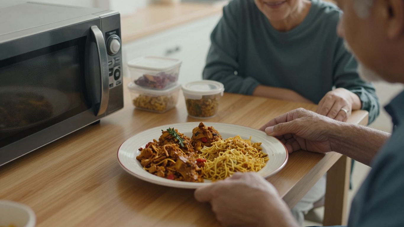 Older parent preparing a plated Indian meal at home