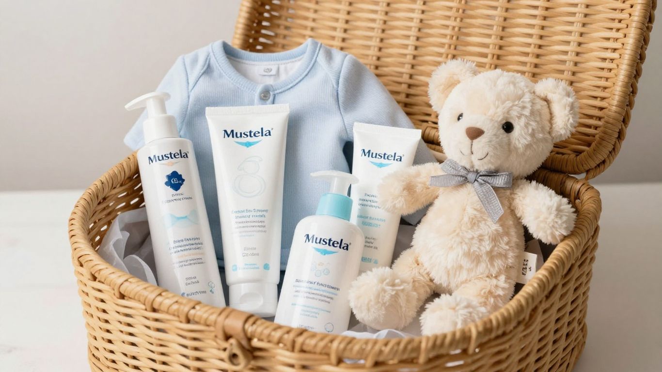 Canastilla de bebé Mustela con productos y ropa suave.