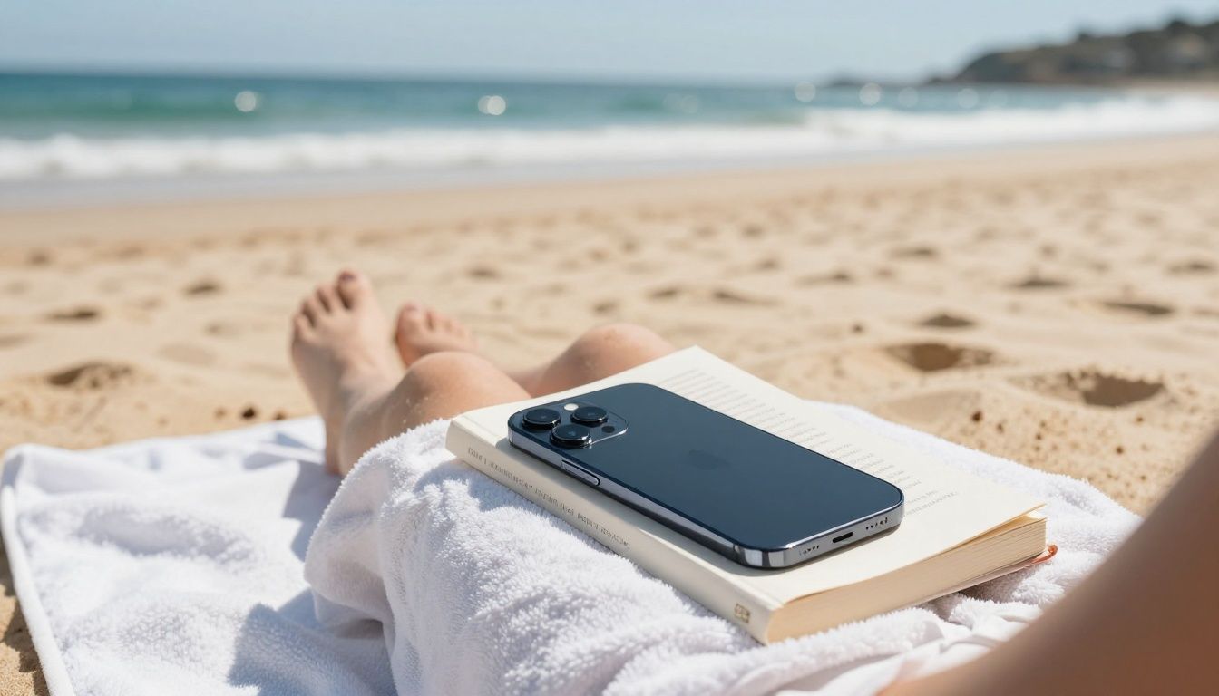 A person relaxing by a sunny Australian beach, their iPhone 16 Plus resting on a towel next to a book, with the ocean in the background.