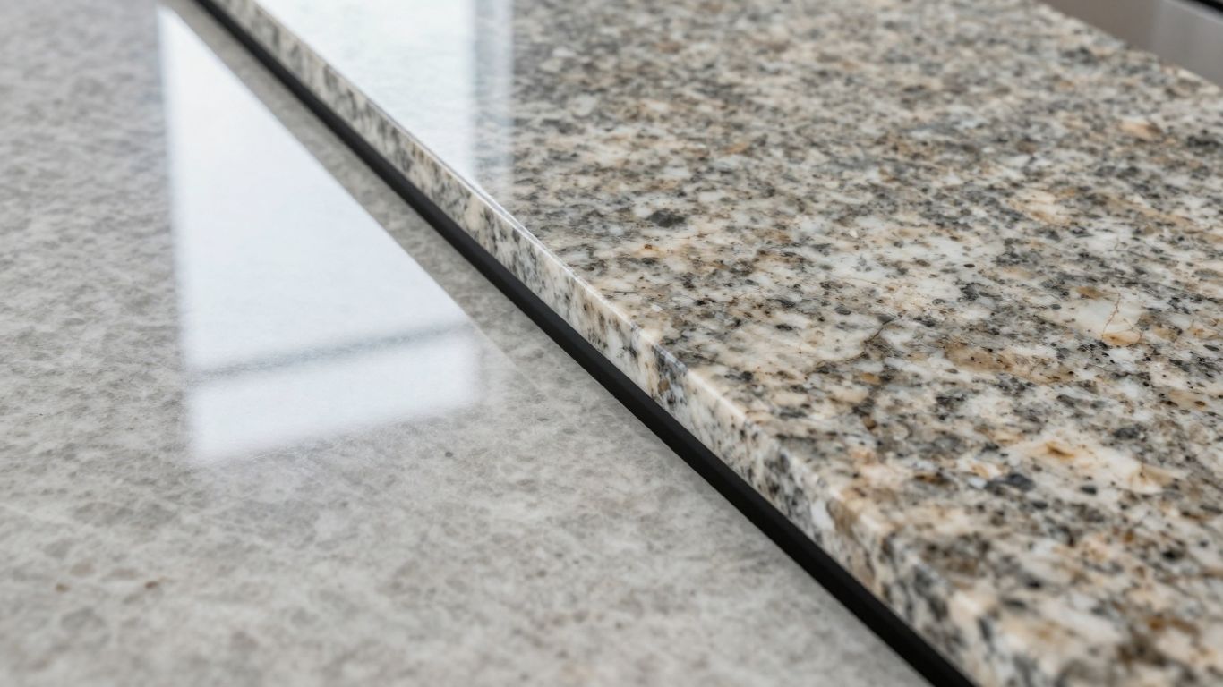 Quartz and granite kitchen worktops side-by-side.