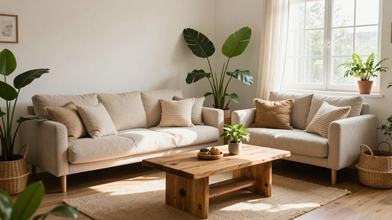 Cozy Airbnb living room with sustainable furnishings and plants.