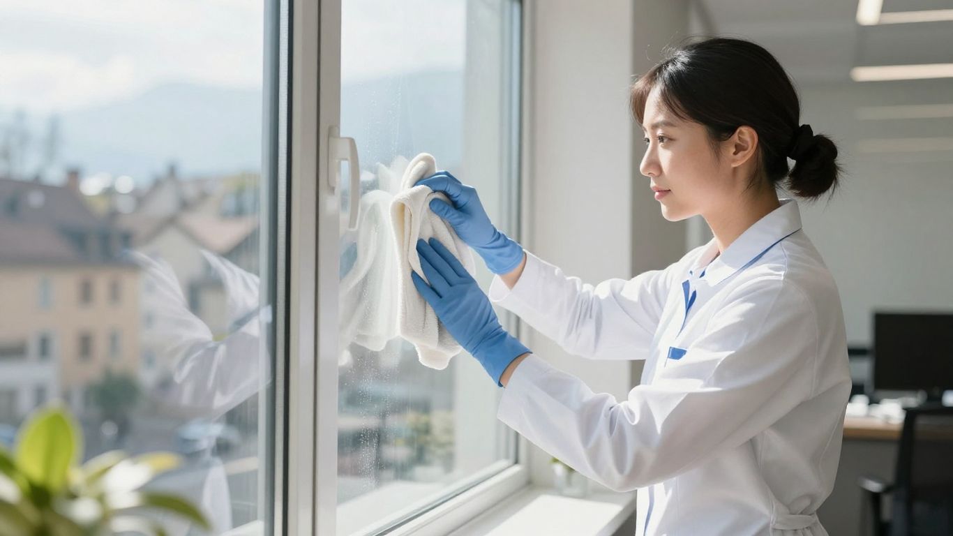 Nettoyeur professionnel travaillant dans un bureau à Annecy.