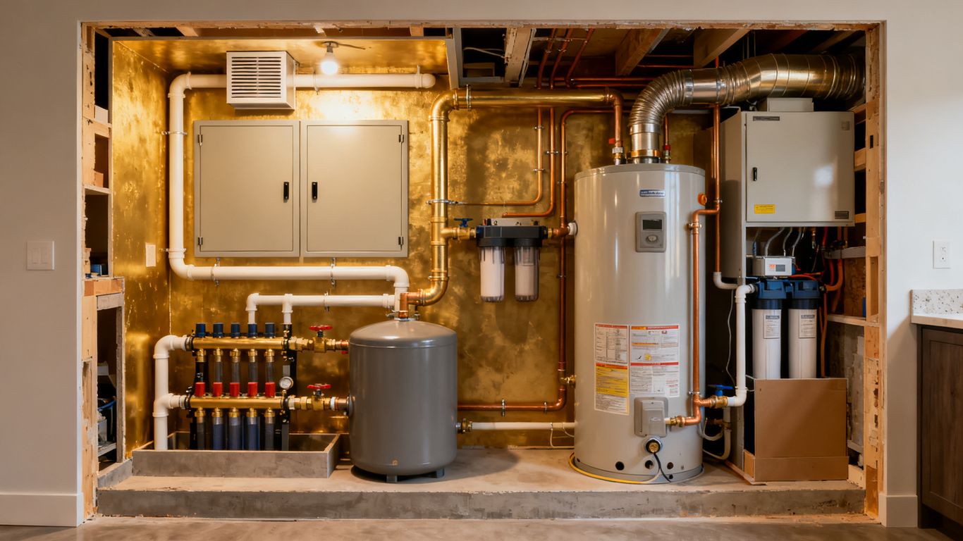Residential plumbing system with pipes and equipment