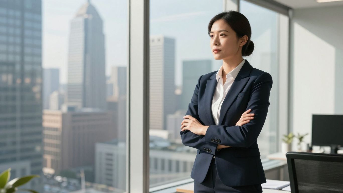Executive overlooking city, symbolizing business growth.