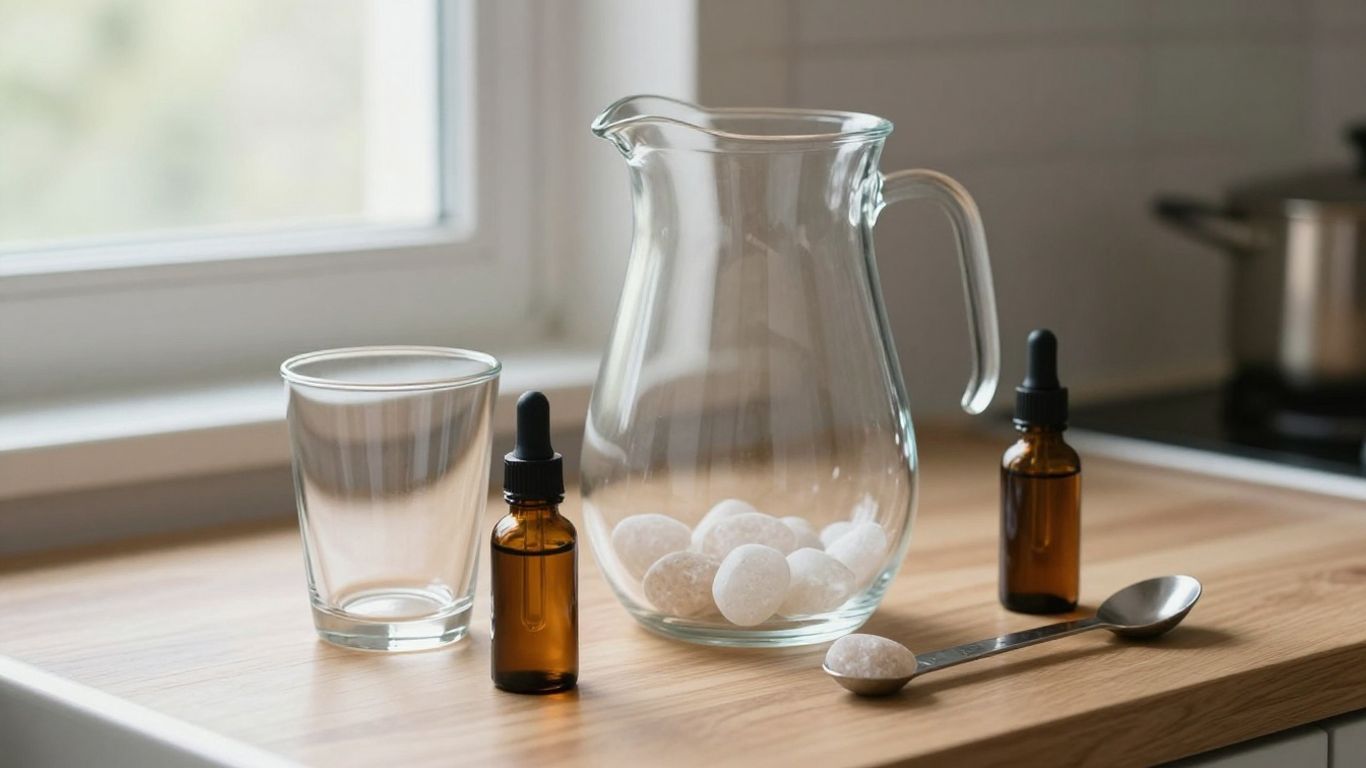 A glass pitcher with mineral drops nearby