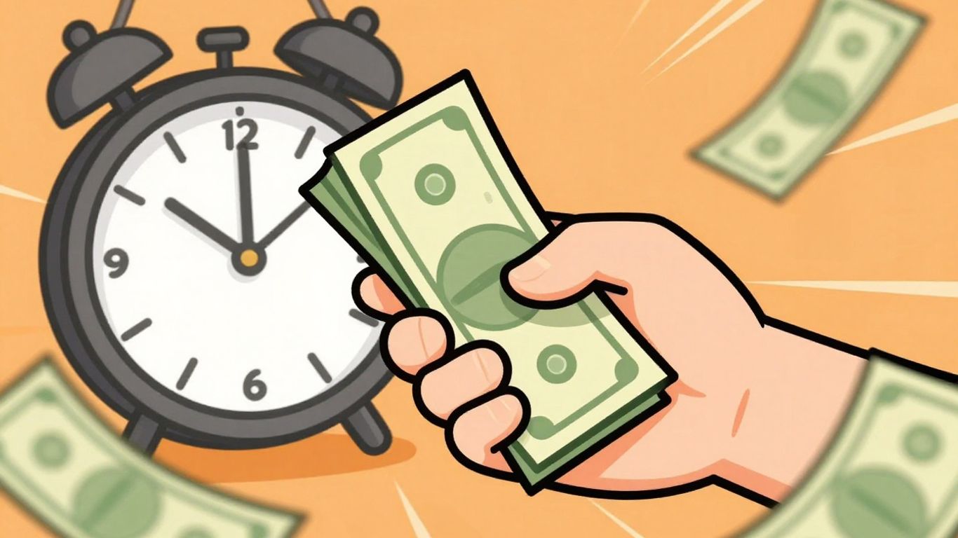 Cartoon hand holding cash with a clock.