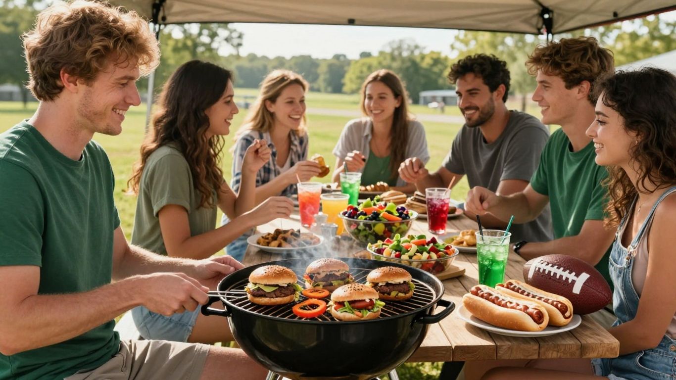 Tailgate party with food, drinks, and football.