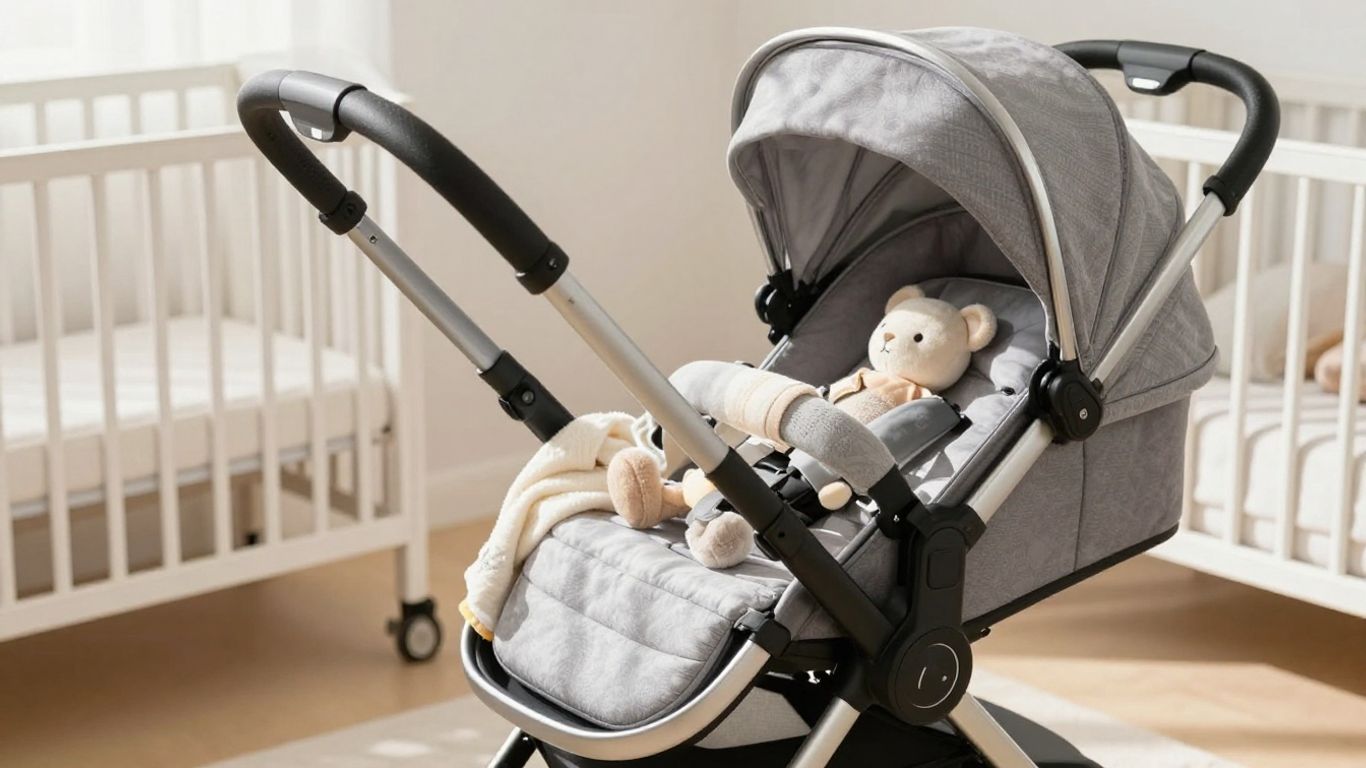 Carrito de bebé moderno en una habitación luminosa.