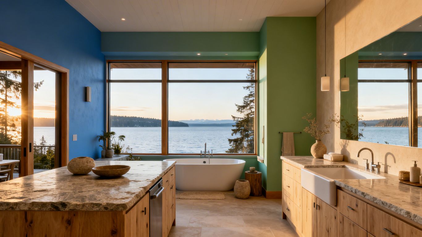 Kitchen and bath with Puget Sound-inspired spring colors.