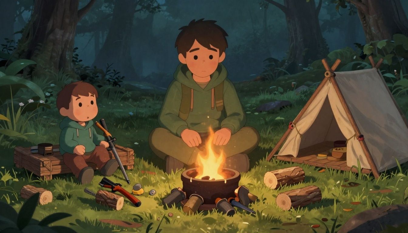 Jogador de The Forest organizando equipamentos junto a uma fogueira, com armas improvisadas, toras e uma pequena cabana ao redor