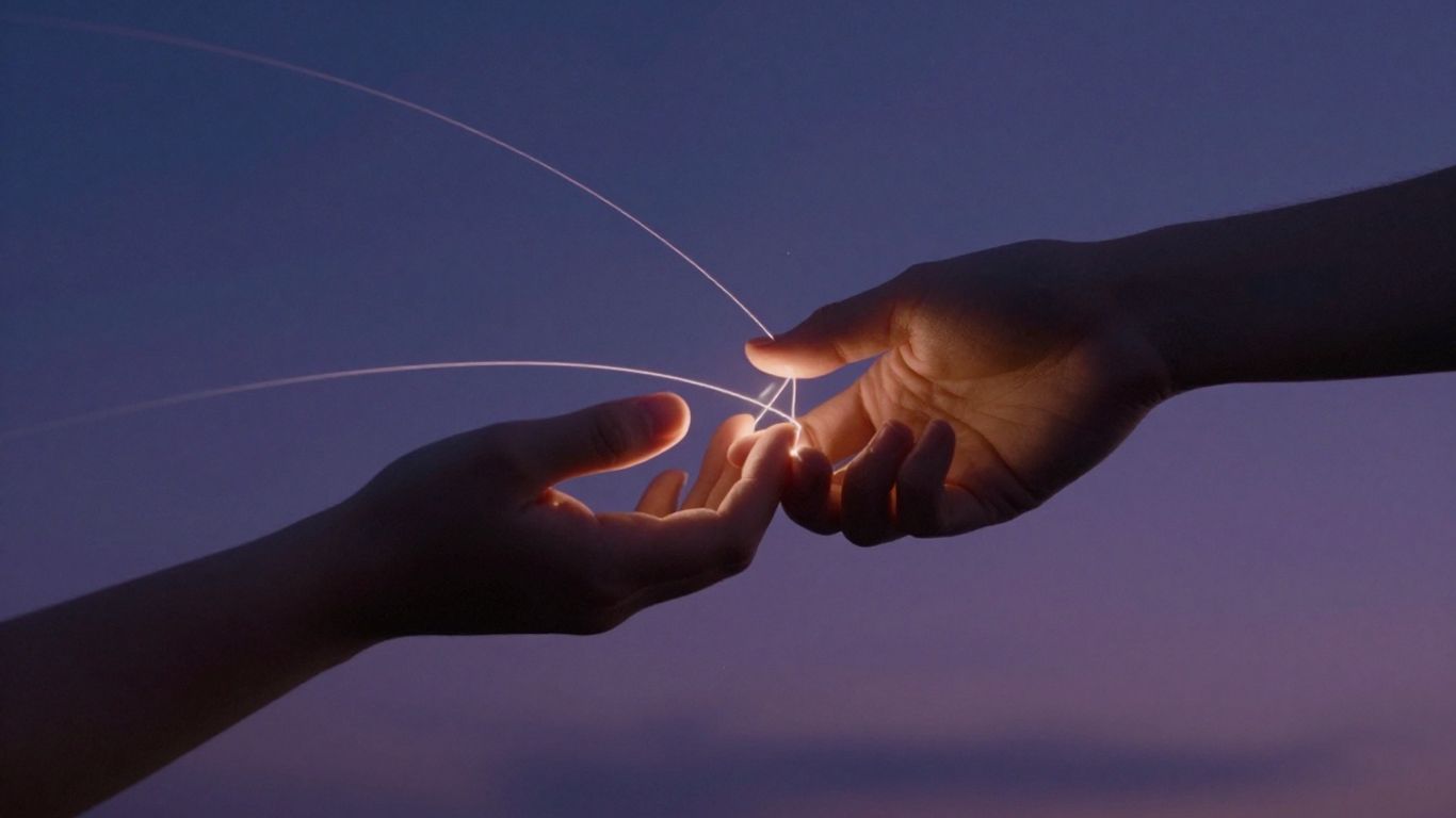 Two hands intertwined with cosmic light trails.