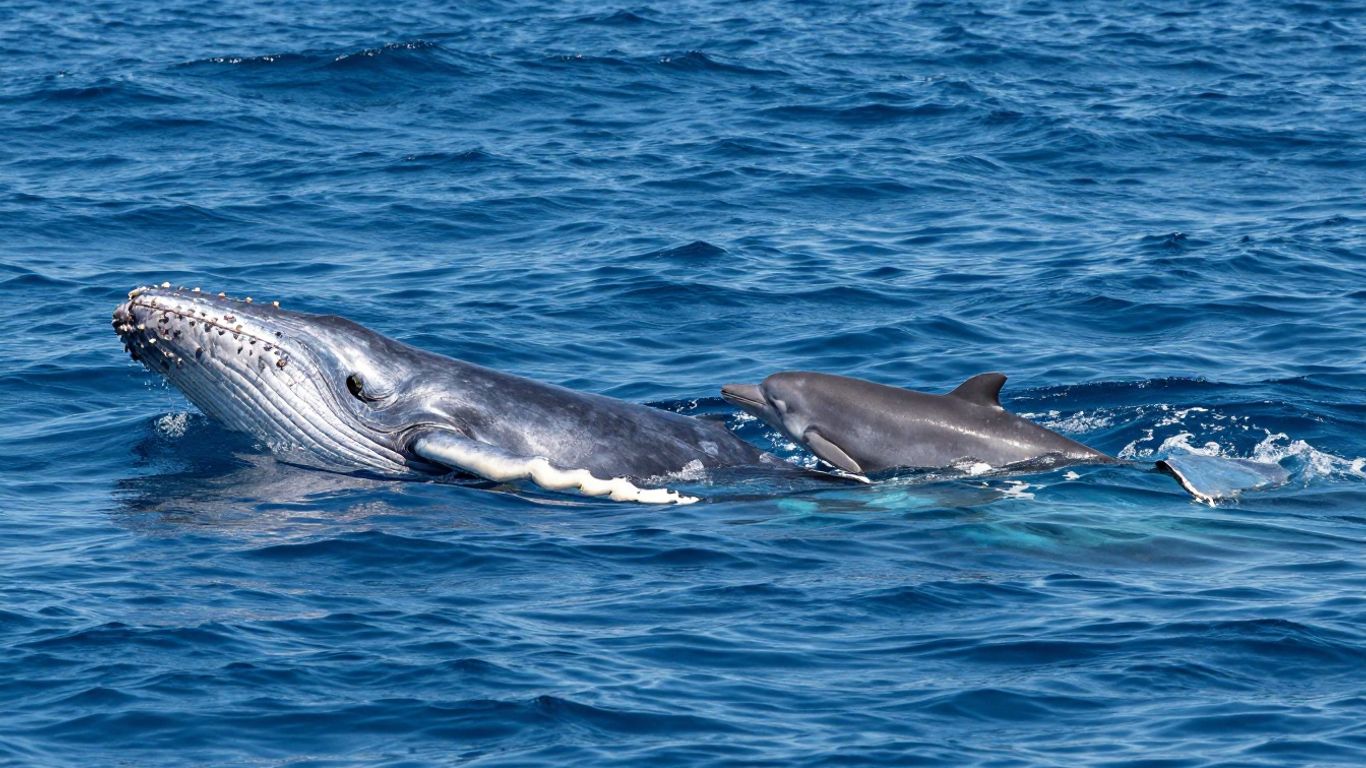 Humpback whale mother and calf swimming in Hawaii