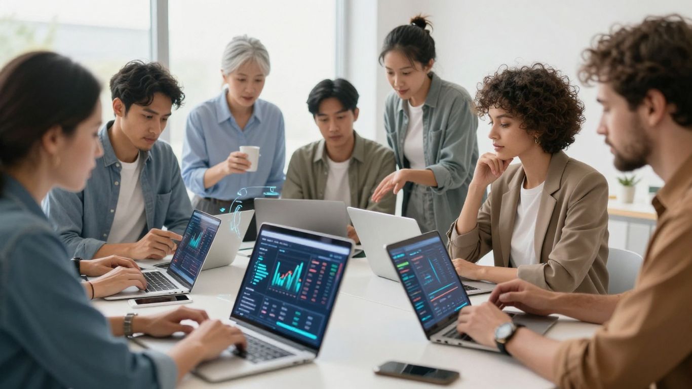 People interacting with futuristic financial technology for retirement.