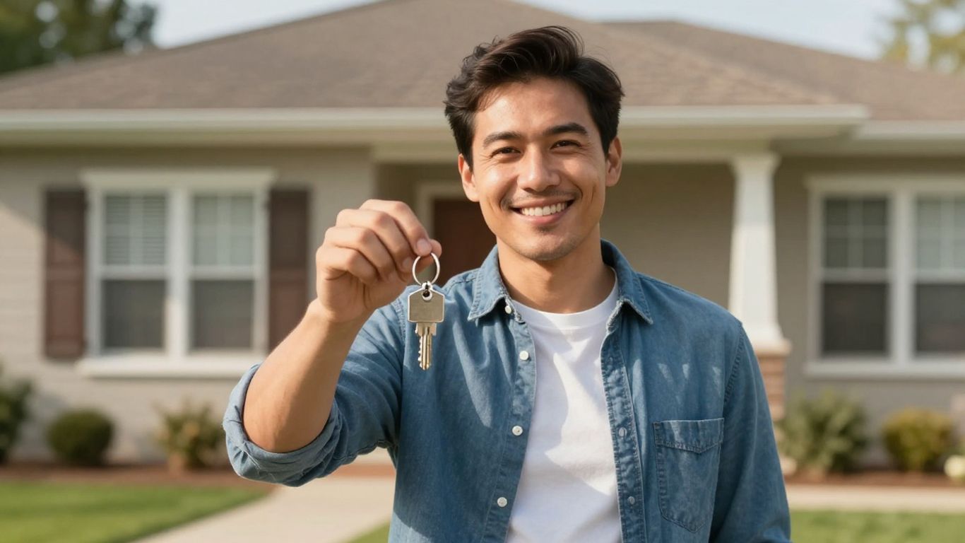 Propietario sonriente con llave frente a casa segura.