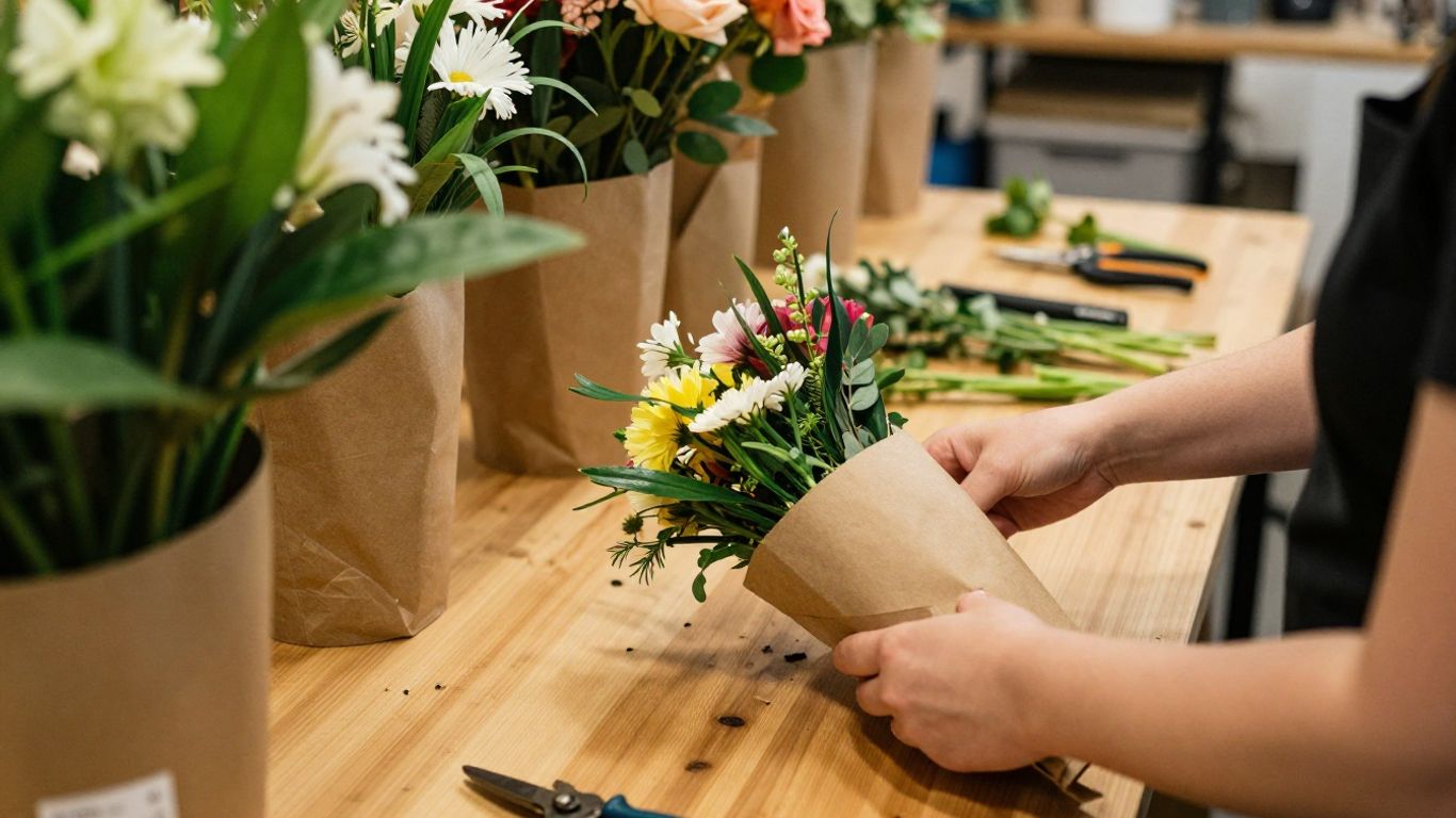 Florist preparing colourful bouquets for local delivery