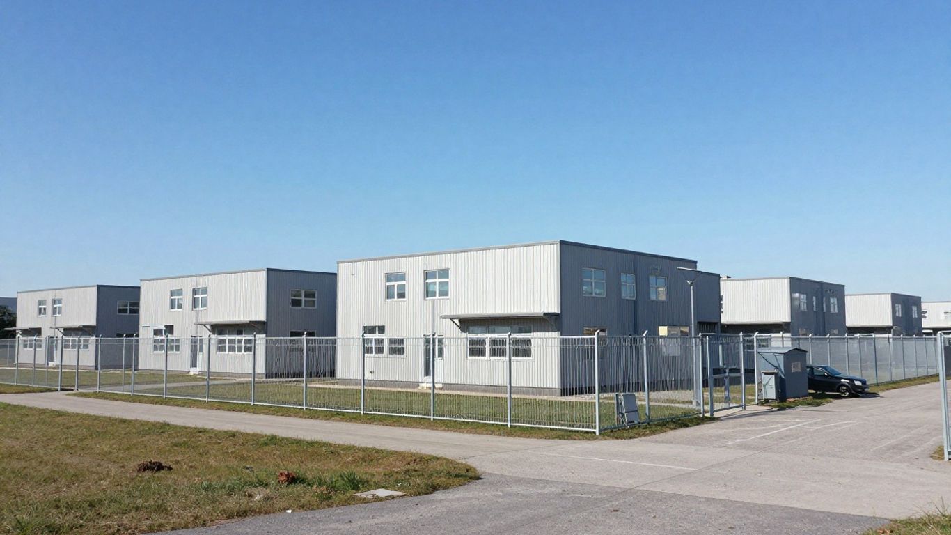 Adelanto Detention Center exterior, institutional architecture, security fencing.
