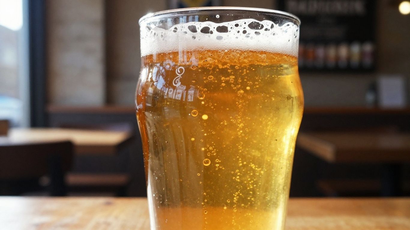 Frothy craft beer in a glass at a brewery.