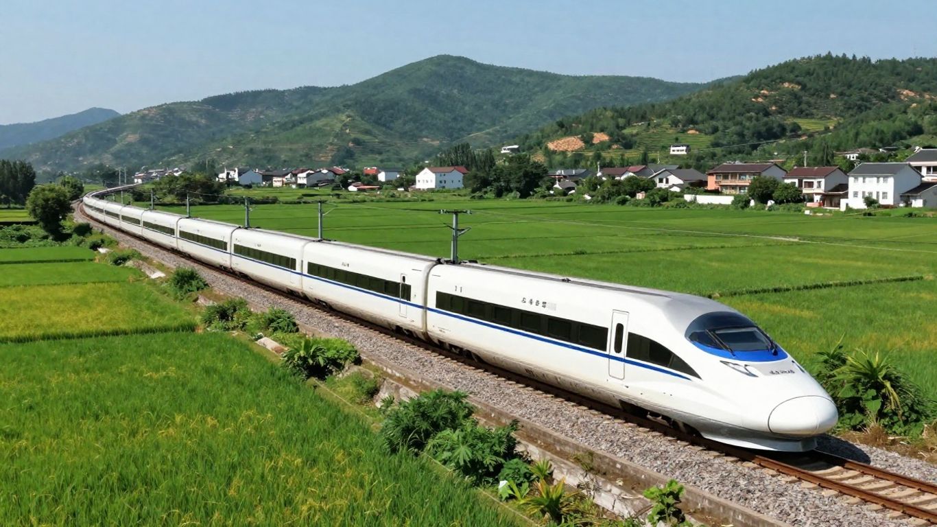 A high-speed train crossing Chinese countryside