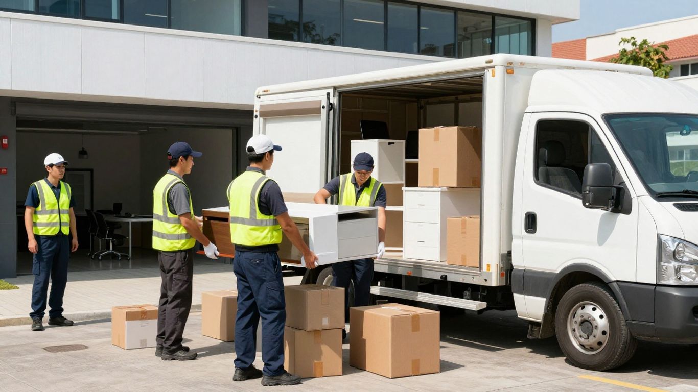 Office moving crew loading furniture onto a truck.