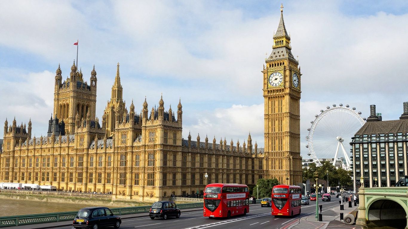 Iconic London skyline with Big Ben and the London Eye.