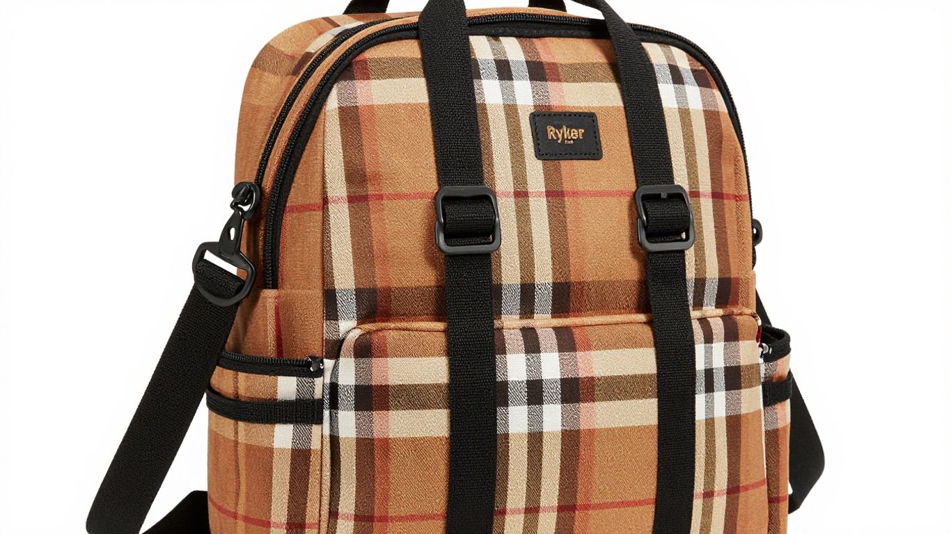 Ryker Faces & Autumn Check diaper bag with plaid pattern.
