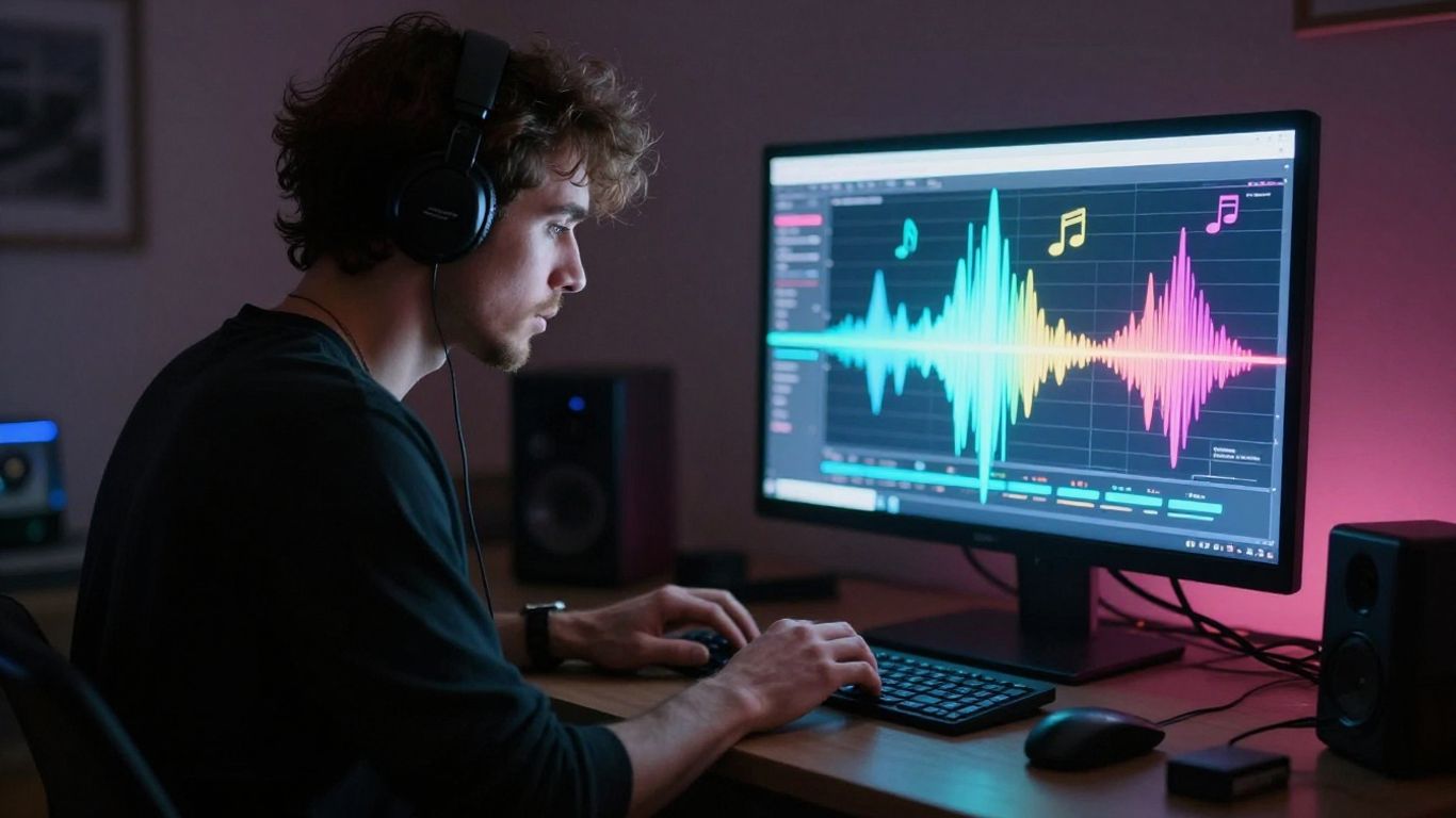 Musician creating AI music video on laptop