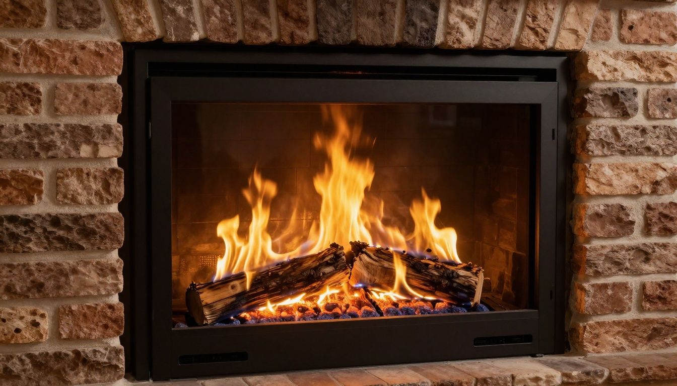A close-up shot of a gas fireplace insert with realistic logs and tall, dancing yellow flames, set within a classic brick hearth.