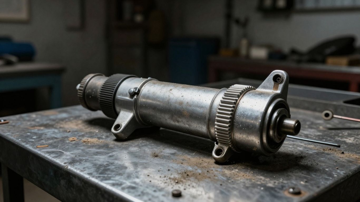 A clean used car starter on a metal workspace