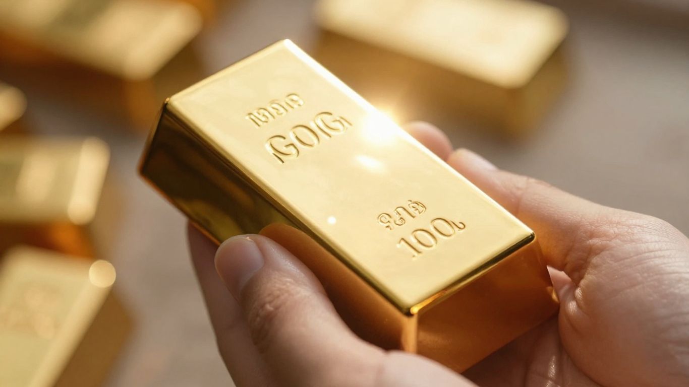 Main d'or tenant une barre d'or brillante.