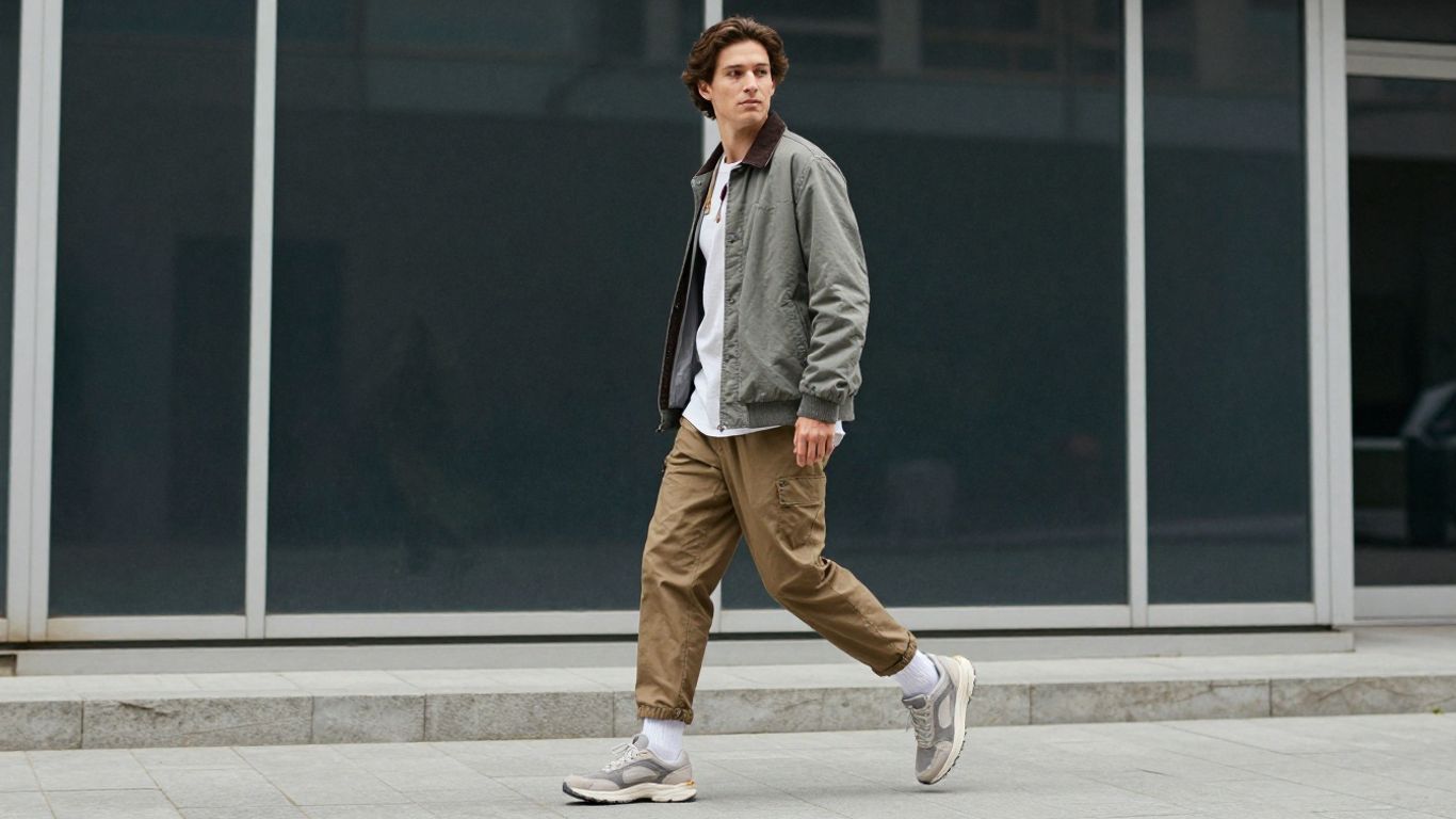 Persoană îmbrăcată elegant, în mișcare, stil vestimentar dinamic.