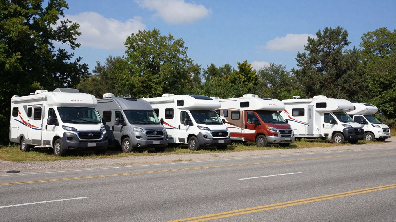 Various RVs parked on a scenic road.