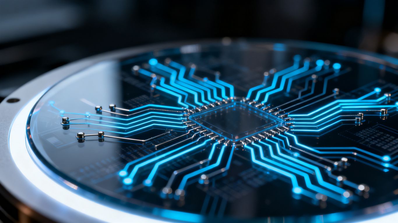 A glowing intricate quantum processor wiring diagram