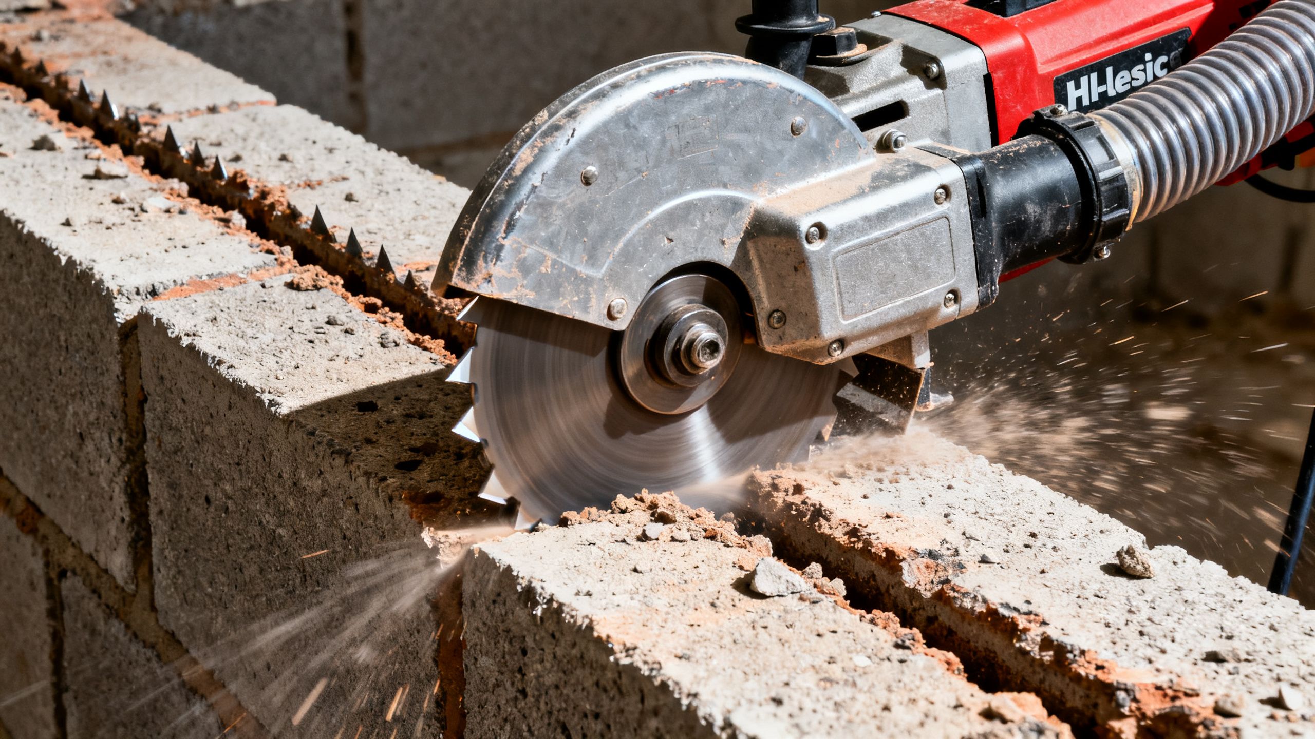 Twin-blade wall chaser with an H-class extractor hose cutting a straight, clean chase in blockwork