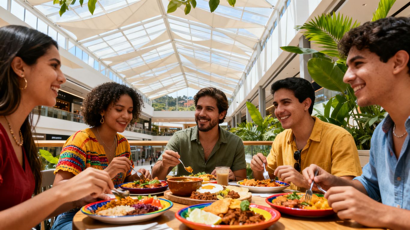 Friends dining beneath Santafé Mall retractable roof