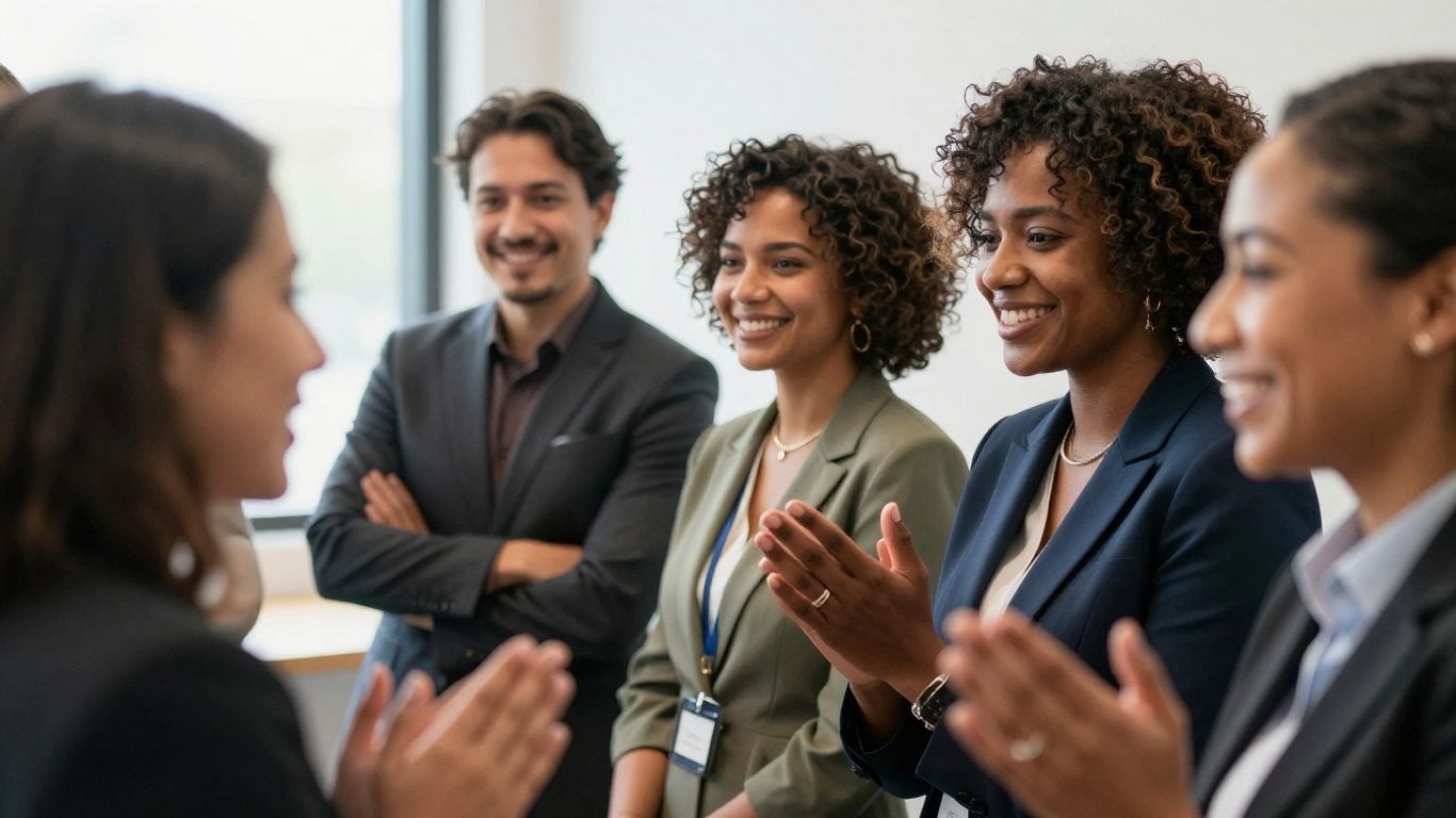 Personas sonriendo en un evento profesional.