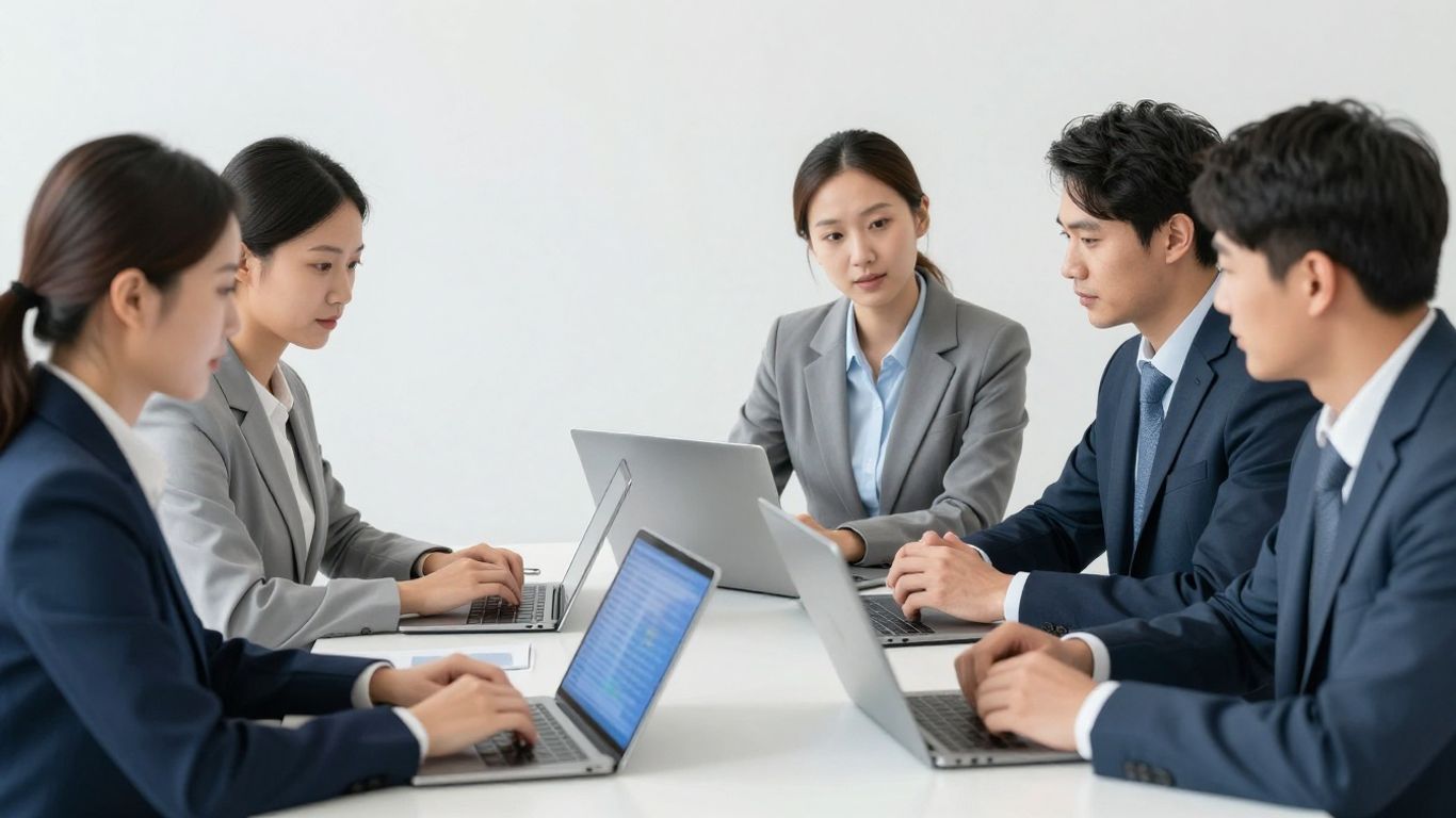 Mehrere europäische Geschäftsleute arbeiten an Laptops in modernem Büro.
