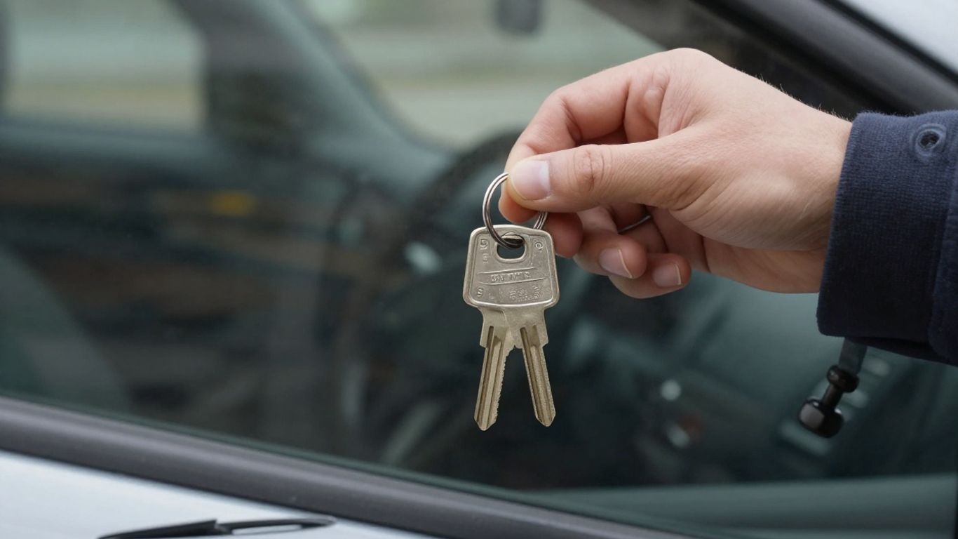 Keys locked inside a car, viewed through the window.