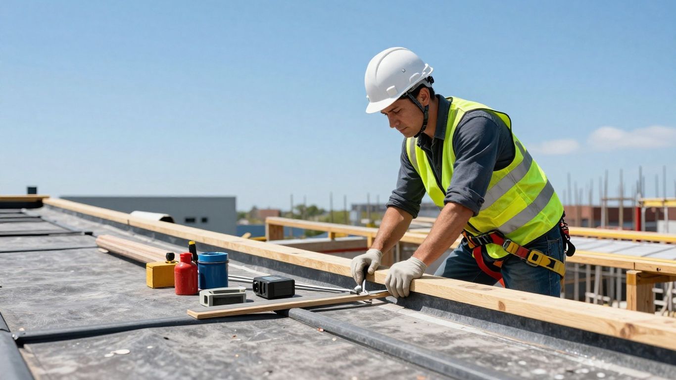 Worker on commercial roof ensuring safety during construction.