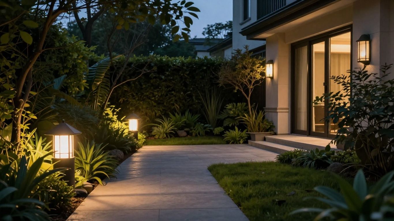 Illuminated garden path with modern outdoor lighting fixtures.