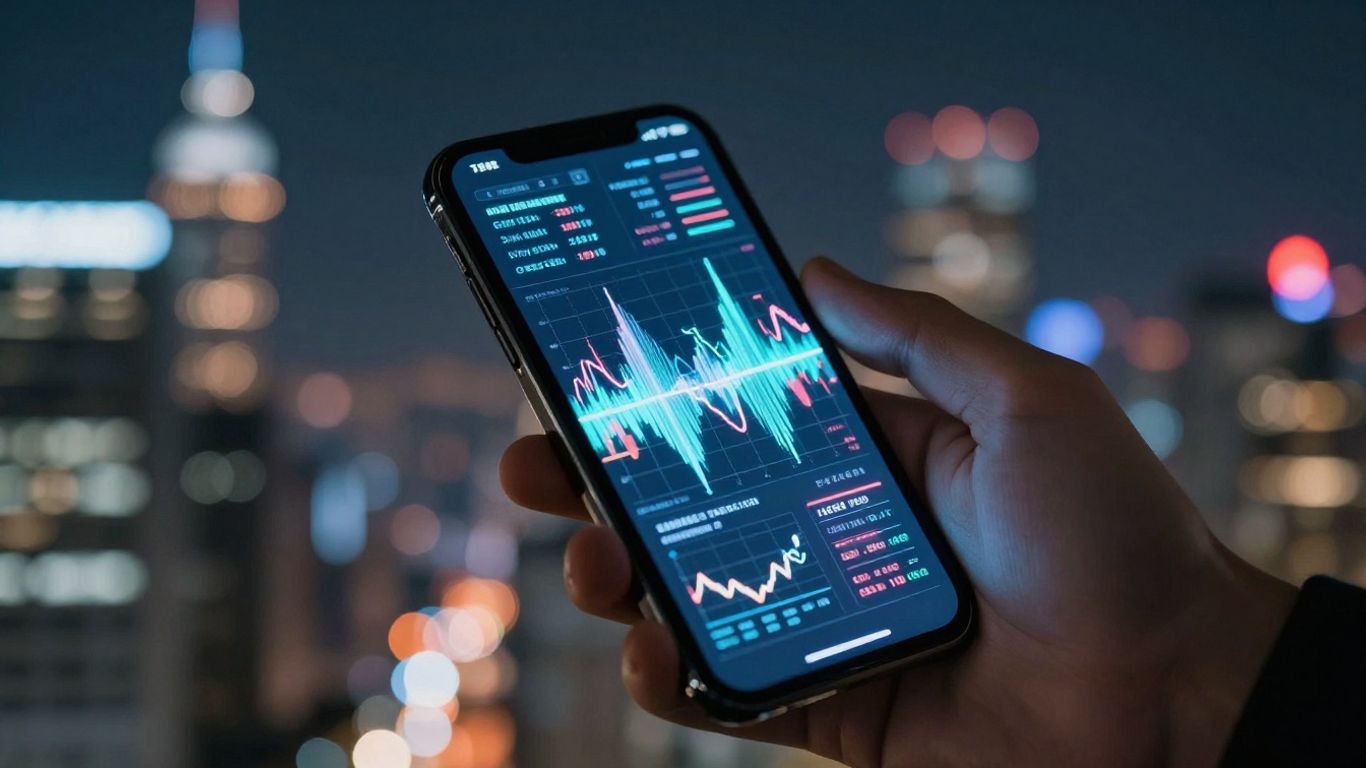 Financial trading success with digital patterns and city backdrop.