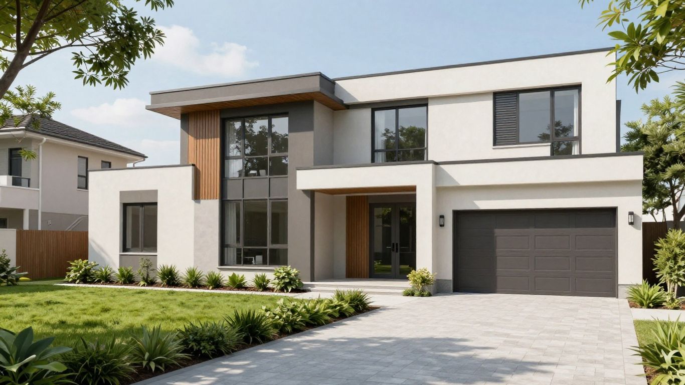 Modern duplex home exterior with landscaping.