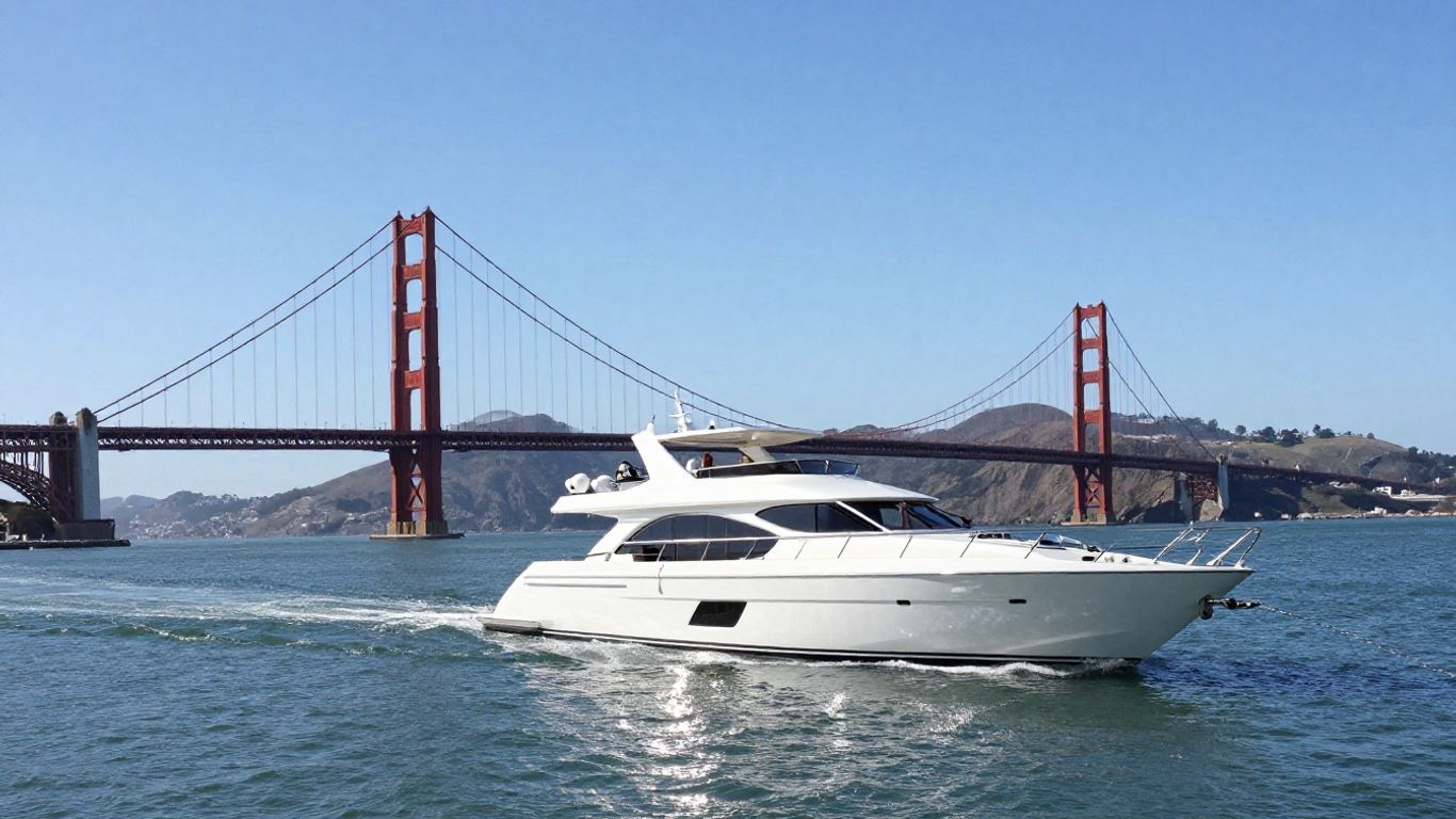 Yacht sailing on San Francisco Bay near Golden Gate Bridge.